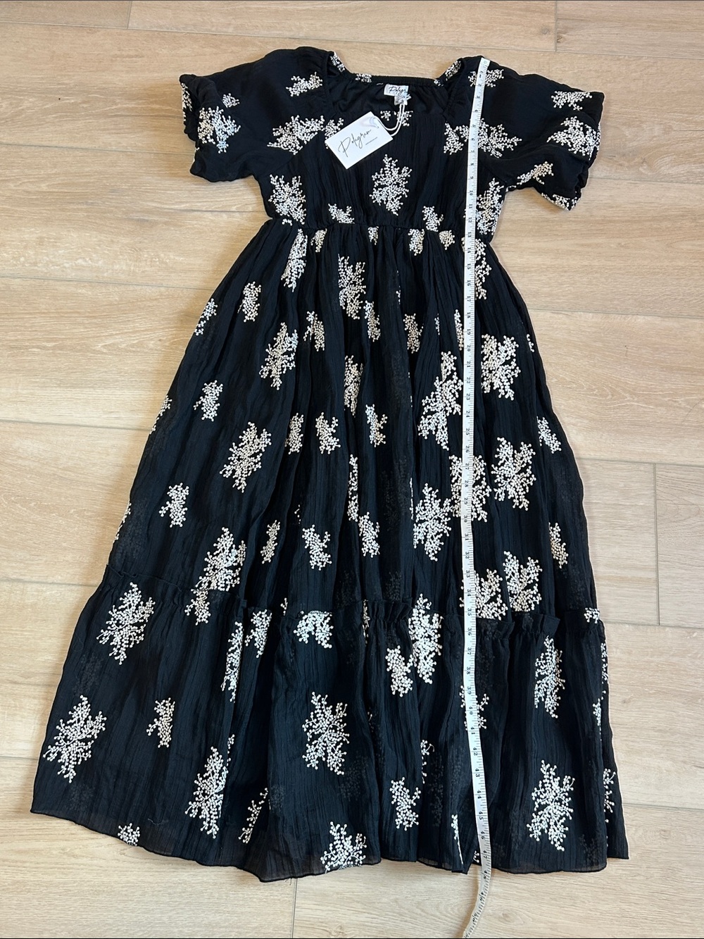 NWT Polagram Black Maxi Dress with White Floral Embroidery Puff Sleeves size S - Picture 10 of 16